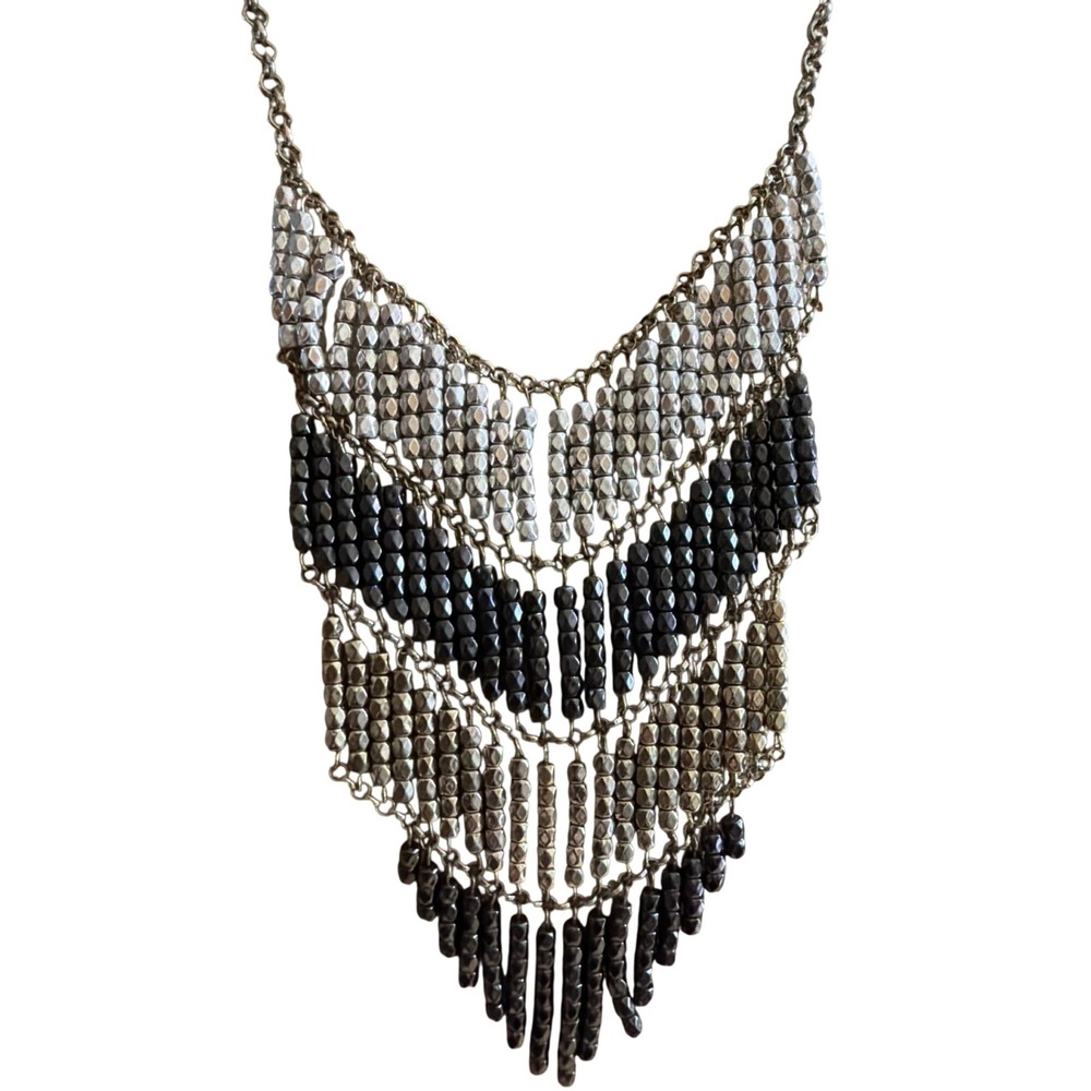 Robert Rose Bib Necklace Metallic Silver Gunmetal Black Beaded Chevron Fringe